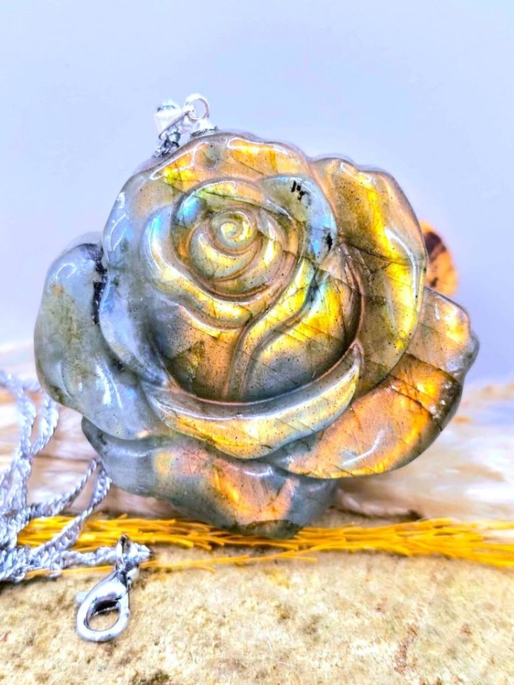 Natural Labradorite Rose Carving Pendant • Flashy • 1.7" Statement Necklace